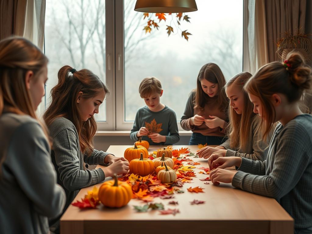 A cozy autumn scene with tweens engaged in various crafty activities. In the foreground, a group of tweens sit around a table, their hands skillfully crafting colorful seasonal decorations. Vibrant leaves and pumpkins adorn the tabletop, casting a warm glow. In the middle ground, another tween is making a leaf-printed t-shirt, carefully arranging the fallen foliage. In the background, a window frames a view of a misty, gray autumn landscape, adding a sense of tranquility. The scene is lit by soft, diffused lighting, creating a comforting and cozy atmosphere. Precise, photorealistic rendering with a depth of field that draws the eye to the main crafting activities. A cozy autumn scene with tweens engaged in various crafty activities. In the foreground, a group of tweens sit around a table, their hands skillfully crafting colorful seasonal decorations. Vibrant leaves and pumpkins adorn the tabletop, casting a warm glow. In the middle ground, another tween is making a leaf-printed t-shirt, carefully arranging the fallen foliage. In the background, a window frames a view of a misty, gray autumn landscape, adding a sense of tranquility. The scene is lit by soft, diffused lighting, creating a comforting and cozy atmosphere. Precise, photorealistic rendering with a depth of field that draws the eye to the main crafting activities.