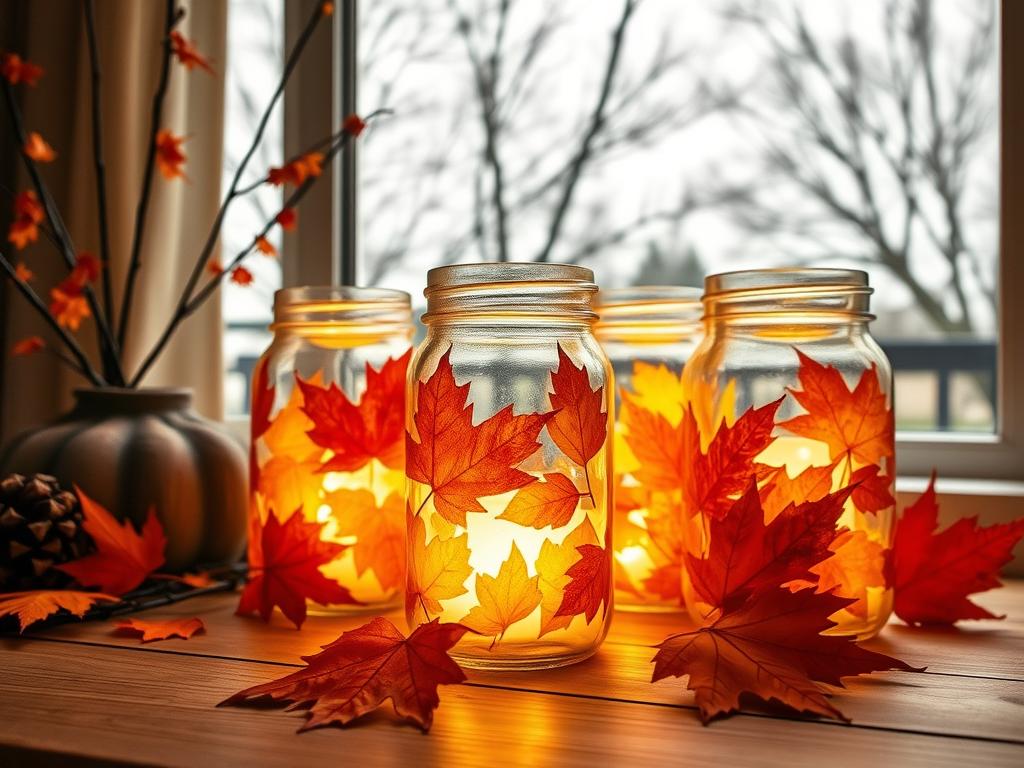 A cozy autumn still life showcasing handcrafted mason jar luminaries, their glass surfaces adorned with vibrant fall leaves in shades of ochre, scarlet, and gold. Arranged on a wooden table, the jars cast a warm, inviting glow, their soft light flickering gently. In the background, a window frames an outdoor scene of bare trees and a cloudy gray sky, emphasizing the indoor coziness. Soft, directional lighting from the side creates depth and highlights the intricate textures of the leaves. The overall mood is one of rustic, seasonal charm, perfect for a tween-friendly autumn craft project. A cozy autumn still life showcasing handcrafted mason jar luminaries, their glass surfaces adorned with vibrant fall leaves in shades of ochre, scarlet, and gold. Arranged on a wooden table, the jars cast a warm, inviting glow, their soft light flickering gently. In the background, a window frames an outdoor scene of bare trees and a cloudy gray sky, emphasizing the indoor coziness. Soft, directional lighting from the side creates depth and highlights the intricate textures of the leaves. The overall mood is one of rustic, seasonal charm, perfect for a tween-friendly autumn craft project.