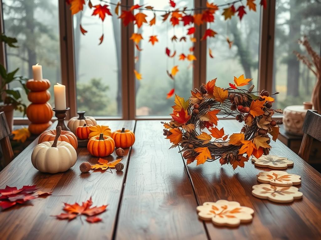 A cozy fall scene with a central wooden table showcasing a variety of tween-friendly craft projects. In the foreground, a vibrant wreath made of dried leaves, acorns, and twigs. To the left, a stack of pumpkin-shaped candle holders, some painted in autumnal hues. In the middle, a group of colorful paper leaf garlands hanging from the table's edge. On the right, a set of hand-stamped fabric coasters in leaf patterns. The background features a large window overlooking a rainy, mist-shrouded forest, bathed in soft, diffused lighting. An atmosphere of cozy creativity and seasonal wonder. A cozy fall scene with a central wooden table showcasing a variety of tween-friendly craft projects. In the foreground, a vibrant wreath made of dried leaves, acorns, and twigs. To the left, a stack of pumpkin-shaped candle holders, some painted in autumnal hues. In the middle, a group of colorful paper leaf garlands hanging from the table's edge. On the right, a set of hand-stamped fabric coasters in leaf patterns. The background features a large window overlooking a rainy, mist-shrouded forest, bathed in soft, diffused lighting. An atmosphere of cozy creativity and seasonal wonder.