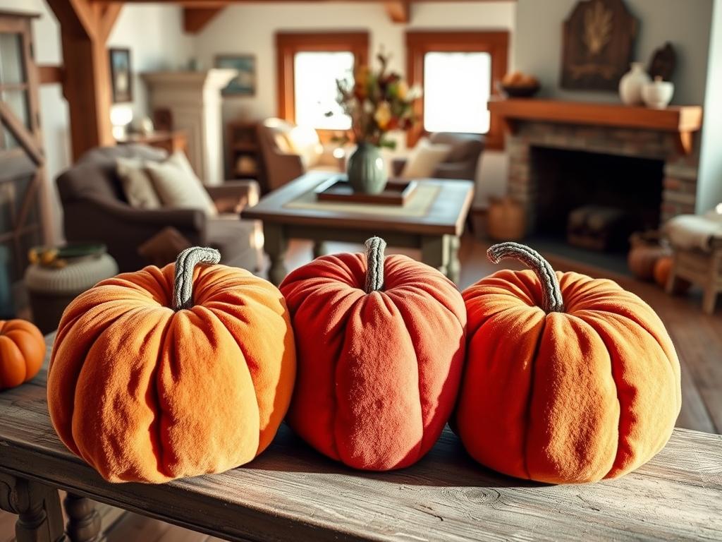 A cozy, handmade autumn scene featuring no-sew flannel pumpkin pillows. In the foreground, three plump, vibrant pumpkin-shaped pillows made from soft, textured flannel fabric in warm fall colors. The pillows are arranged casually on a distressed wooden bench, casting soft shadows. In the middle ground, a rustic, weathered wooden table with a small vase of seasonal flowers and dried stems. The background showcases a serene, sun-dappled room with wooden beams, a cozy fireplace, and hints of cozy, autumnal decor. Muted, natural lighting casts a warm, inviting glow throughout the scene. A cozy, handmade autumn scene featuring no-sew flannel pumpkin pillows. In the foreground, three plump, vibrant pumpkin-shaped pillows made from soft, textured flannel fabric in warm fall colors. The pillows are arranged casually on a distressed wooden bench, casting soft shadows. In the middle ground, a rustic, weathered wooden table with a small vase of seasonal flowers and dried stems. The background showcases a serene, sun-dappled room with wooden beams, a cozy fireplace, and hints of cozy, autumnal decor. Muted, natural lighting casts a warm, inviting glow throughout the scene.