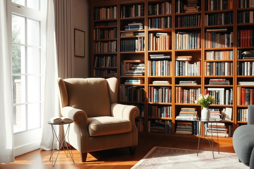A cozy, well-lit living room with a plush, overstuffed armchair situated next to a tall, wooden bookshelf filled with hardcover books in various colors and sizes. Soft, natural light filters in through a large window, casting a warm glow on the scene. A plush, patterned rug covers the hardwood floor, and a small side table holds a delicate vase of fresh flowers. The overall atmosphere is one of quiet contemplation and literary charm, inviting the viewer to curl up with a good book and savor the moment. A cozy, well-lit living room with a plush, overstuffed armchair situated next to a tall, wooden bookshelf filled with hardcover books in various colors and sizes. Soft, natural light filters in through a large window, casting a warm glow on the scene. A plush, patterned rug covers the hardwood floor, and a small side table holds a delicate vase of fresh flowers. The overall atmosphere is one of quiet contemplation and literary charm, inviting the viewer to curl up with a good book and savor the moment.