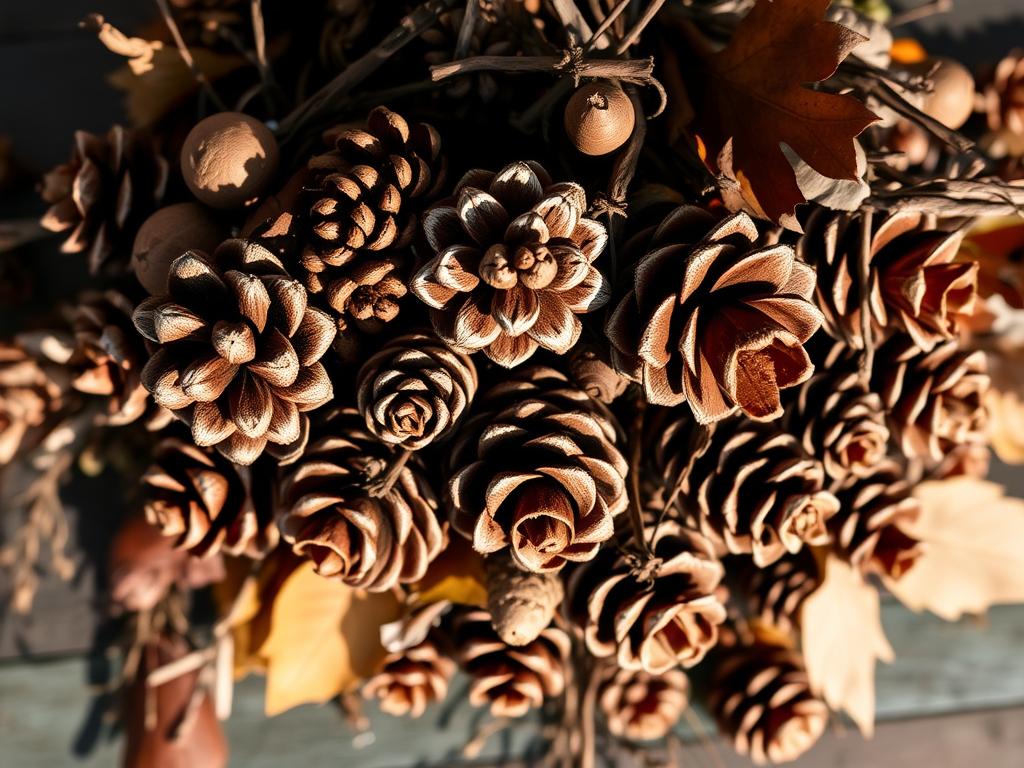 A rustic bundle of pine cones, twigs, and dried leaves, arranged in a visually striking composition. The pinecones are of varying sizes and textures, some smooth and others with intricate patterns. The twig and leaf elements add depth and visual interest, creating a sense of natural harmony. The lighting is soft and warm, casting gentle shadows that accentuate the organic forms. The overall scene conveys a cozy, autumnal atmosphere, perfect for kindling a crackling fire on a rainy fall day. The camera angle is slightly elevated, allowing the viewer to appreciate the tactile qualities and artful arrangement of the materials. This image would serve as an enticing visual representation of the "Pinecone Fire Starter Bundles" craft project. A rustic bundle of pine cones, twigs, and dried leaves, arranged in a visually striking composition. The pinecones are of varying sizes and textures, some smooth and others with intricate patterns. The twig and leaf elements add depth and visual interest, creating a sense of natural harmony. The lighting is soft and warm, casting gentle shadows that accentuate the organic forms. The overall scene conveys a cozy, autumnal atmosphere, perfect for kindling a crackling fire on a rainy fall day. The camera angle is slightly elevated, allowing the viewer to appreciate the tactile qualities and artful arrangement of the materials. This image would serve as an enticing visual representation of the "Pinecone Fire Starter Bundles" craft project.