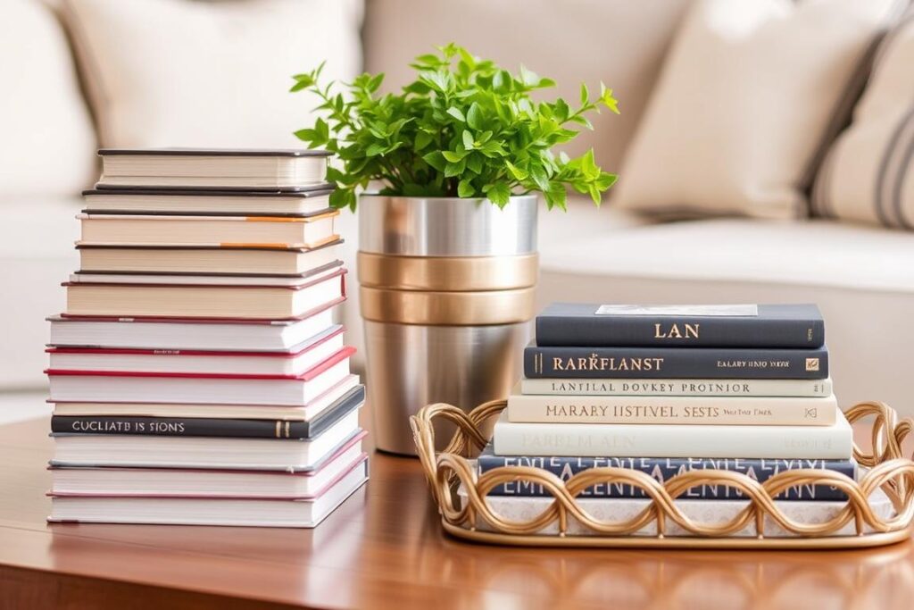 A well-curated coffee table display, showcasing a harmonious arrangement of stacked hardcover books, a potted plant, and a decorative tray. The books are neatly stacked, with a mix of sizes, colors, and textures, creating a visually appealing vignette. The plant, with its lush, verdant foliage, adds a touch of natural beauty, while the tray, adorned with subtle patterns or metallic accents, completes the stylish ensemble. The lighting is soft and diffused, casting a warm, inviting glow over the scene, captured from a slightly elevated angle to showcase the carefully crafted composition. A well-curated coffee table display, showcasing a harmonious arrangement of stacked hardcover books, a potted plant, and a decorative tray. The books are neatly stacked, with a mix of sizes, colors, and textures, creating a visually appealing vignette. The plant, with its lush, verdant foliage, adds a touch of natural beauty, while the tray, adorned with subtle patterns or metallic accents, completes the stylish ensemble. The lighting is soft and diffused, casting a warm, inviting glow over the scene, captured from a slightly elevated angle to showcase the carefully crafted composition.