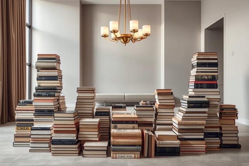a sophisticated and stylish interior with a minimalist aesthetic, featuring an arrangement of various books stacked in creative and visually appealing ways. The books are positioned in a symmetrical, geometric layout, with some stacked horizontally, others vertically, and some at angles, creating a sense of visual interest and balance. The books are a mix of hardcovers and paperbacks, in a range of muted, earthy tones that complement the neutral color palette of the room. Soft, warm lighting from a central chandelier casts a gentle glow, accentuating the textures and details of the books. The overall scene conveys a sense of tranquility, intellectual curiosity, and a refined, artful approach to book display. a sophisticated and stylish interior with a minimalist aesthetic, featuring an arrangement of various books stacked in creative and visually appealing ways. The books are positioned in a symmetrical, geometric layout, with some stacked horizontally, others vertically, and some at angles, creating a sense of visual interest and balance. The books are a mix of hardcovers and paperbacks, in a range of muted, earthy tones that complement the neutral color palette of the room. Soft, warm lighting from a central chandelier casts a gentle glow, accentuating the textures and details of the books. The overall scene conveys a sense of tranquility, intellectual curiosity, and a refined, artful approach to book display.