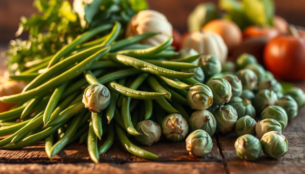 A bountiful harvest of fresh green beans and Brussels sprouts, artfully arranged on a rustic wooden table. The produce glistens under warm, golden lighting, casting soft shadows that accentuate their natural textures. In the foreground, the vibrant green beans and tender Brussels sprouts are carefully placed, inviting the viewer to imagine the delicious recipes they could create. The middle ground features a subtle backdrop of earthy tones, hinting at the comforting and homey atmosphere of a Thanksgiving feast. The overall composition evokes a sense of abundance, anticipation, and the joy of seasonal cooking. A bountiful harvest of fresh green beans and Brussels sprouts, artfully arranged on a rustic wooden table. The produce glistens under warm, golden lighting, casting soft shadows that accentuate their natural textures. In the foreground, the vibrant green beans and tender Brussels sprouts are carefully placed, inviting the viewer to imagine the delicious recipes they could create. The middle ground features a subtle backdrop of earthy tones, hinting at the comforting and homey atmosphere of a Thanksgiving feast. The overall composition evokes a sense of abundance, anticipation, and the joy of seasonal cooking.