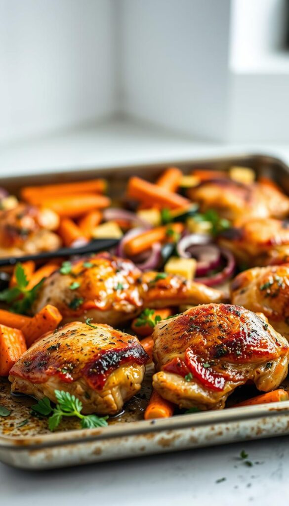 A bountiful sheet pan filled with succulent chicken thighs, vibrant vegetables, and aromatic herbs. In the foreground, crisp-skinned chicken glistens under the warm glow of a well-lit kitchen. Midground, an assortment of roasted carrots, zucchini, and red onions add pops of color and texture. The background features a clean, minimalist setting, allowing the hearty dish to take center stage. A subtle vignette effect creates a cozy, intimate atmosphere, perfect for a satisfying weeknight dinner. The composition is balanced, with the chicken as the star, surrounded by complementary ingredients that promise a flavorful, nourishing meal.