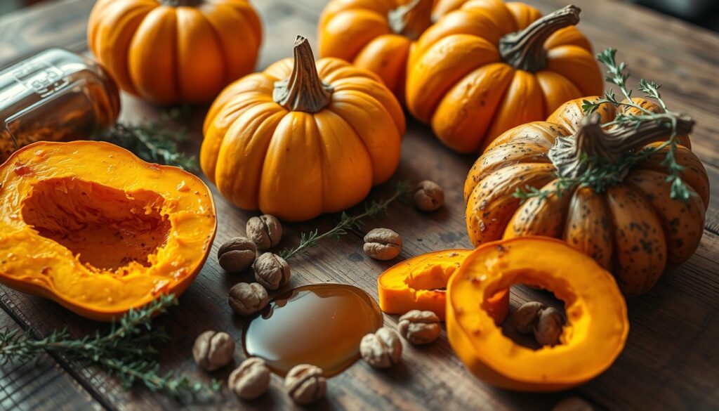 A bountiful still life of roasted butternut squash and pumpkin, their golden hues glowing under warm natural lighting. The squash and pumpkin are arranged artfully on a rustic wooden table, accompanied by sprigs of fresh thyme, a few walnuts, and a drizzle of honey. The scene exudes an air of autumn abundance, inviting the viewer to imagine the savory, comforting flavors of these seasonal vegetables. The camera angle is slightly elevated, capturing the scene from an oblique perspective that highlights the appealing texture and shape of the roasted produce. An atmosphere of homey, harvest-time tranquility pervades the image. A bountiful still life of roasted butternut squash and pumpkin, their golden hues glowing under warm natural lighting. The squash and pumpkin are arranged artfully on a rustic wooden table, accompanied by sprigs of fresh thyme, a few walnuts, and a drizzle of honey. The scene exudes an air of autumn abundance, inviting the viewer to imagine the savory, comforting flavors of these seasonal vegetables. The camera angle is slightly elevated, capturing the scene from an oblique perspective that highlights the appealing texture and shape of the roasted produce. An atmosphere of homey, harvest-time tranquility pervades the image.