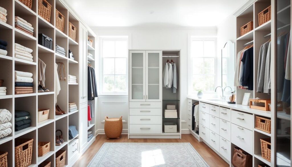 A bright, airy closet with an abundance of stylish storage solutions. In the foreground, a custom-built shelving unit with various sized compartments to house neatly folded clothes, accessories, and decorative baskets. Mid-ground features a hanging rod system with sliding doors, providing hidden storage for out-of-season items. The background showcases a built-in vanity with ample counter space, drawers, and a large mirror, creating a functional and visually appealing organizational hub. Soft, natural lighting filters in through large windows, accentuating the clean, minimalist aesthetic. Overall, the scene exudes a sense of order, efficiency, and design-forward living, perfectly capturing the "Amp Up Functionality with Creative Spaces" theme.