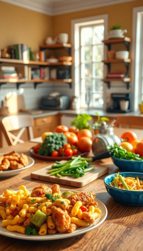 A bright, cheerful kitchen table set with a variety of family-friendly meal ideas. In the foreground, a platter of colorful, kid-friendly dishes like mac and cheese, chicken tenders, and steamed vegetables. In the middle ground, a cutting board with fresh ingredients like fruits, vegetables, and herbs. In the background, shelves stocked with cookbooks and kitchen appliances, bathed in warm, natural lighting from large windows. The scene evokes a sense of togetherness, nourishment, and the comfort of a home-cooked meal.
