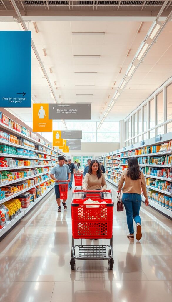 A brightly lit, spacious grocery store aisle, with clean, organized shelves lining the walls. Shoppers push colorful carts down the wide, polished floor, their faces reflecting a sense of purposeful exploration. The scene is captured from a slightly elevated angle, allowing a comprehensive view of the store's navigation system - large, clear signage points the way to different sections, guiding customers effortlessly. Warm, natural lighting filters in through large windows, creating a welcoming, inviting atmosphere. The overall impression is one of efficiency, clarity, and a harmonious shopping experience.