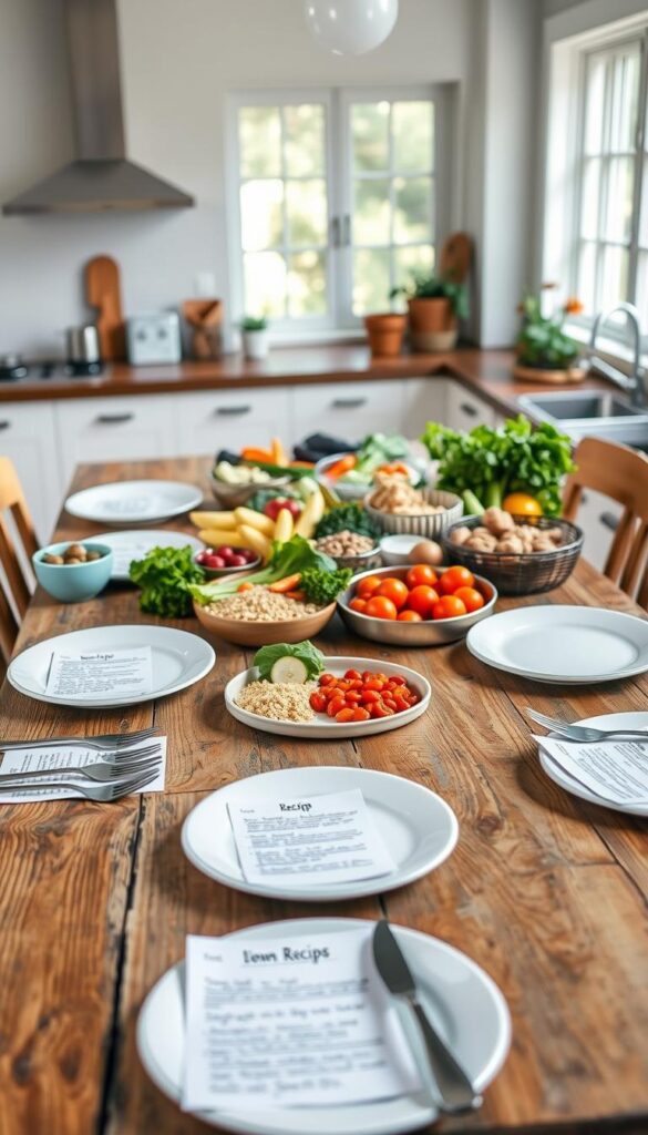 A clean, organized seven-day meal plan for a healthy family, displayed on a rustic wooden table. The foreground features neatly arranged plates, cutlery, and handwritten recipe cards. In the middle ground, a variety of fresh, colorful ingredients are laid out, including vegetables, fruits, grains, and lean proteins. The background showcases a bright, airy kitchen setting with natural light streaming in through large windows. The overall mood is one of simplicity, organization, and a commitment to nutritious, homemade meals for the whole family.