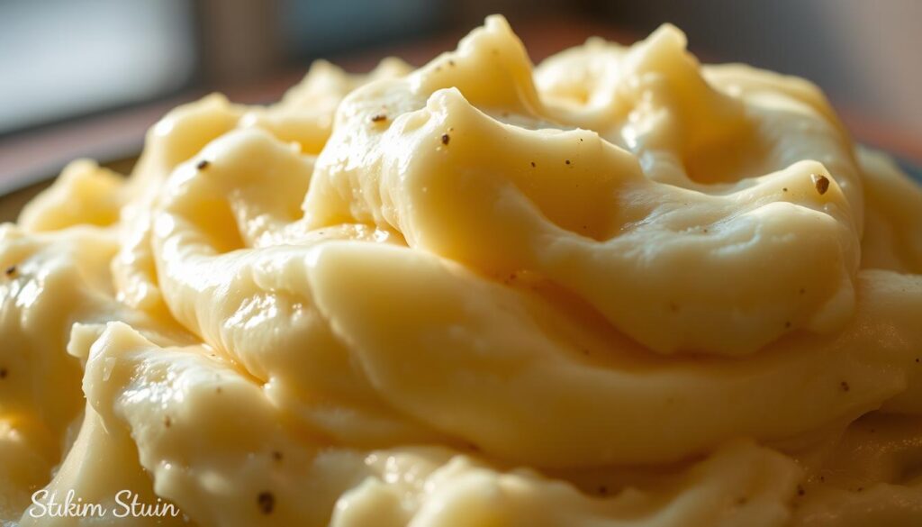 A close-up shot of a heaping portion of creamy, rich mashed potatoes, freshly whipped to a silky smooth texture. The potatoes are piled high, glistening with a glossy sheen and flecked with tiny specks of black pepper. The foreground is lit with soft, warm lighting, casting gentle shadows and highlights that accentuate the velvety, cloud-like consistency. The background is slightly blurred, creating a focus on the enticing, comfort-food centerpiece. The overall mood is cozy, inviting and mouthwatering, perfectly capturing the essence of delectable mashed potatoes. A close-up shot of a heaping portion of creamy, rich mashed potatoes, freshly whipped to a silky smooth texture. The potatoes are piled high, glistening with a glossy sheen and flecked with tiny specks of black pepper. The foreground is lit with soft, warm lighting, casting gentle shadows and highlights that accentuate the velvety, cloud-like consistency. The background is slightly blurred, creating a focus on the enticing, comfort-food centerpiece. The overall mood is cozy, inviting and mouthwatering, perfectly capturing the essence of delectable mashed potatoes.