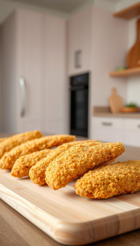 A close-up shot of freshly prepared chicken tenders, arranged on a light wooden board. The tenders have a crisp, golden-brown breading, with a hint of seasoning visible. In the background, a simple, neutral-toned kitchen setting with clean lines and minimal distractions, allowing the focus to remain on the delectable chicken. The lighting is soft and natural, casting a warm glow on the dish and creating an inviting, homey atmosphere. The overall composition conveys the ease and simplicity of this delicious, family-friendly meal.