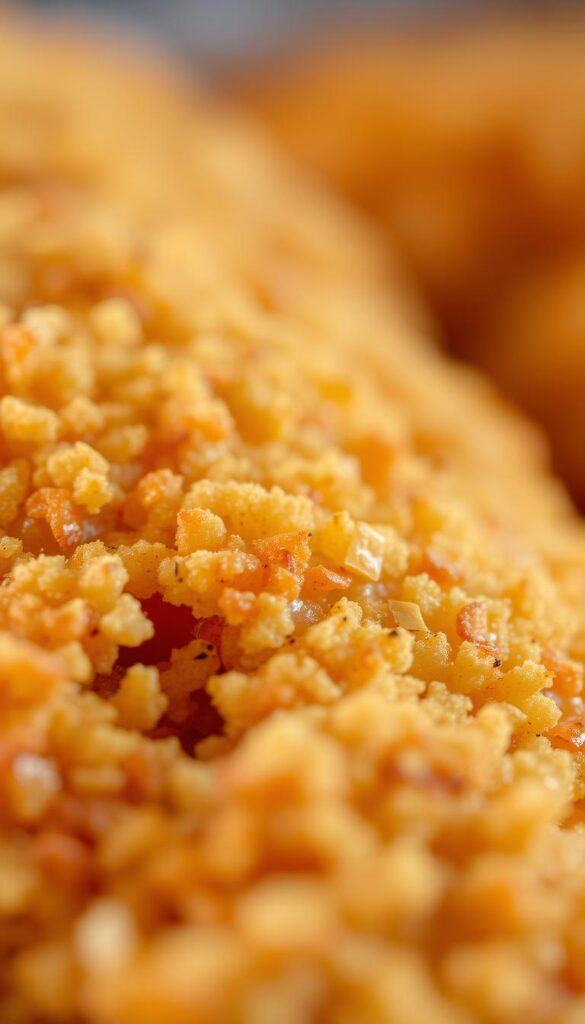 A close-up view of a crispy, golden-brown chicken coating, with a mouthwatering texture that shines under warm, diffused lighting. The surface is perfectly crisped, with a delicate, flaky exterior that gives way to juicy, tender meat within. The coating is dusted with a blend of aromatic spices, creating a captivating visual and olfactory experience. The depth of field is shallow, allowing the focus to remain on the intricate details of the breading, while the background is slightly blurred, creating a sense of depth and emphasis on the star of the image.