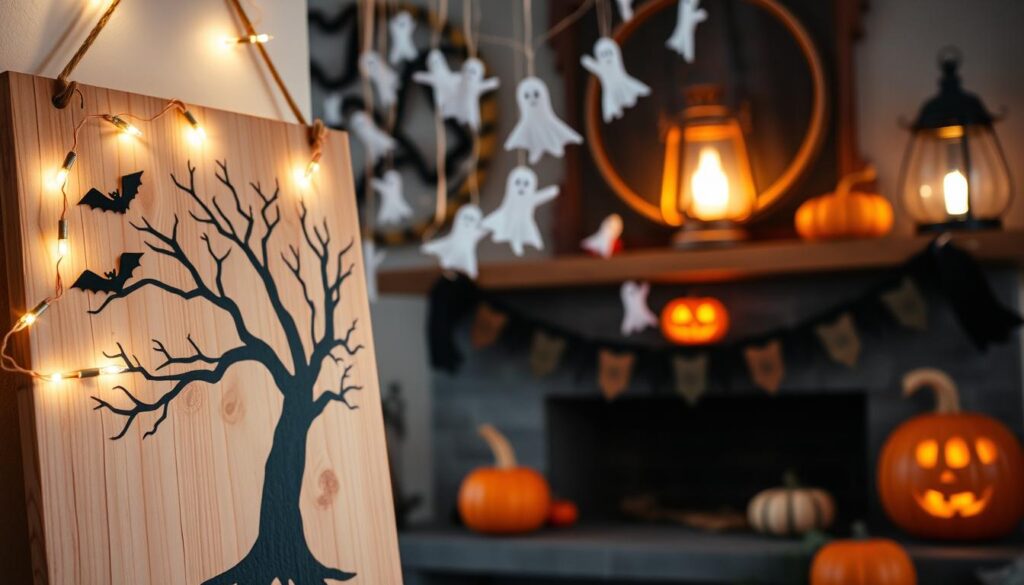 A cozy Halloween scene with DIY decorations handcrafted by a busy mom. In the foreground, a wooden plaque with a hand-painted spooky tree silhouette, adorned with twinkling fairy lights. In the middle ground, paper bats and ghosts cascade from the ceiling, creating an enchanting atmosphere. The background features a mantel adorned with a handmade felt garland, flanked by carved pumpkins and a vintage lantern casting a warm, flickering glow. The overall mood is whimsical and inviting, capturing the magic of homemade Halloween decor that busy parents can easily recreate.