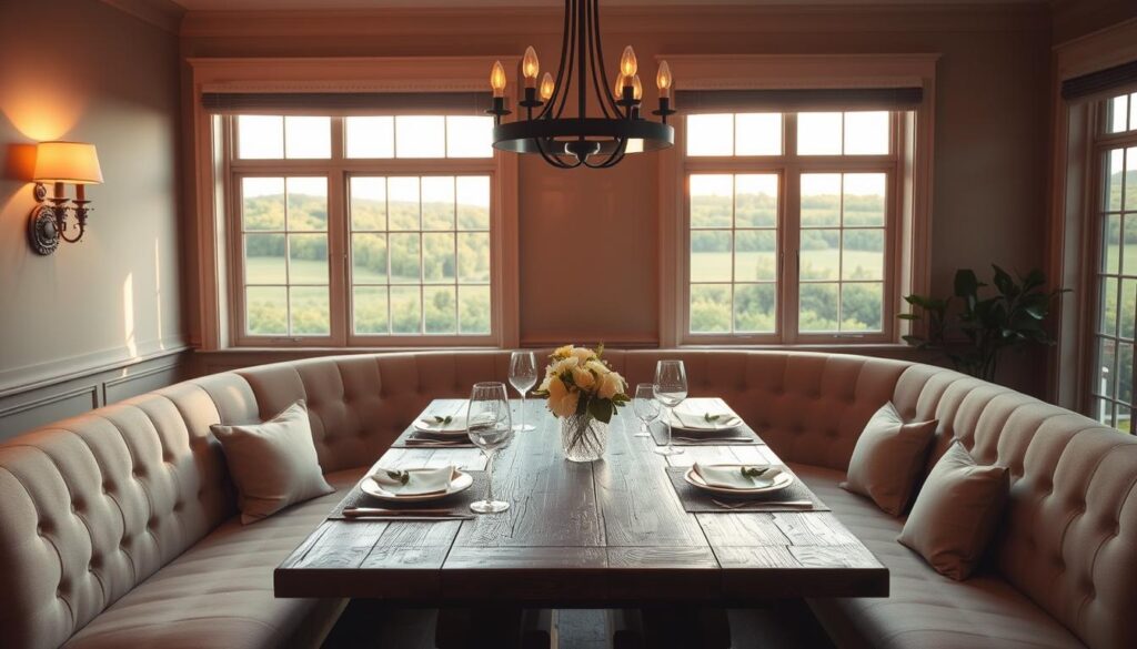 A cozy and inviting dining room with a charming banquette seating arrangement. The banquette is elegantly upholstered in a plush, neutral-toned fabric, providing comfortable and stylish seating. The table in the foreground is a rustic, wooden farmhouse-style design, adorned with a simple yet elegant table setting. Warm, soft lighting from wall sconces and a centrally-placed chandelier creates a welcoming ambiance, casting a gentle glow over the space. Large windows in the background allow natural light to flood in, illuminating the room and offering a picturesque view of a lush, green landscape outside. The overall atmosphere is one of refined comfort and sophistication, perfectly suited for an inviting dining experience.