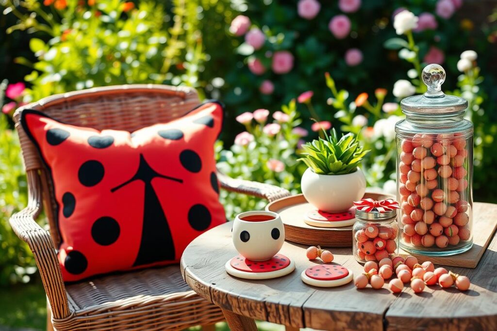 A cozy and inviting summer scene featuring an array of charming ladybug-themed DIY products. In the foreground, a handcrafted ladybug-patterned throw pillow rests on a wicker patio chair, its vibrant red and black hues catching the warm sunlight. In the middle ground, a rustic wooden table displays a selection of ladybug-inspired trinkets, including a ceramic planter, a set of ceramic coasters, and a decorative glass jar filled with ladybug-shaped candies. The background showcases a lush, verdant garden with blooming flowers, creating a natural and serene backdrop. The overall composition conveys a sense of whimsy and a celebration of the ladybug's iconic design, perfectly suited for a bright and cheerful summer aesthetic.