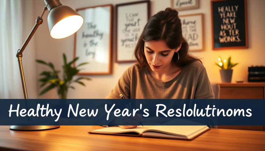 A cozy and serene home office scene with a mother sitting at a wooden desk, planning her New Year's resolutions. Warm lighting from a desk lamp casts a soft glow, highlighting her focused expression as she jots down notes in a journal. In the background, framed inspirational quotes and a potted plant create a calming atmosphere. The scene conveys a sense of intentionality and mindfulness, reflecting the theme of "Healthy New Year's Resolutions" for busy moms.