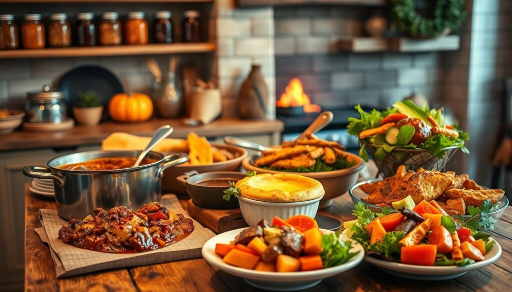 A cozy autumn kitchen filled with an array of delectable fall dinner recipes. In the foreground, a rustic wooden table showcases a selection of hearty dishes - a steaming pot of beef stew, a golden-crusted chicken pot pie, and a bountiful salad brimming with roasted root vegetables. Soft, warm lighting casts a welcoming glow, while the background features shelves stocked with jars of homemade preserves and a glimpse of a crackling fireplace. The overall atmosphere is one of comfort, nourishment, and the inviting flavors of the season, perfect for families to enjoy.