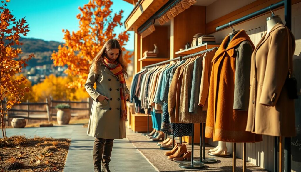 A cozy autumn scene featuring a stylish mother browsing through a seasonal fashion display. The foreground showcases a well-dressed woman in a chic trench coat, knee-high boots, and a colorful scarf, inspecting various trendy outfits on mannequins. The middle ground features a warm-toned, rustic retail space with wooden fixtures, mood lighting, and a curated selection of fall apparel. The background depicts a picturesque outdoor landscape with vibrant foliage, a clear blue sky, and the faint silhouette of a quaint town in the distance. Crisp, natural lighting casts a soft, inviting glow over the entire scene, creating an atmosphere of autumnal splendor and fashionable sophistication.