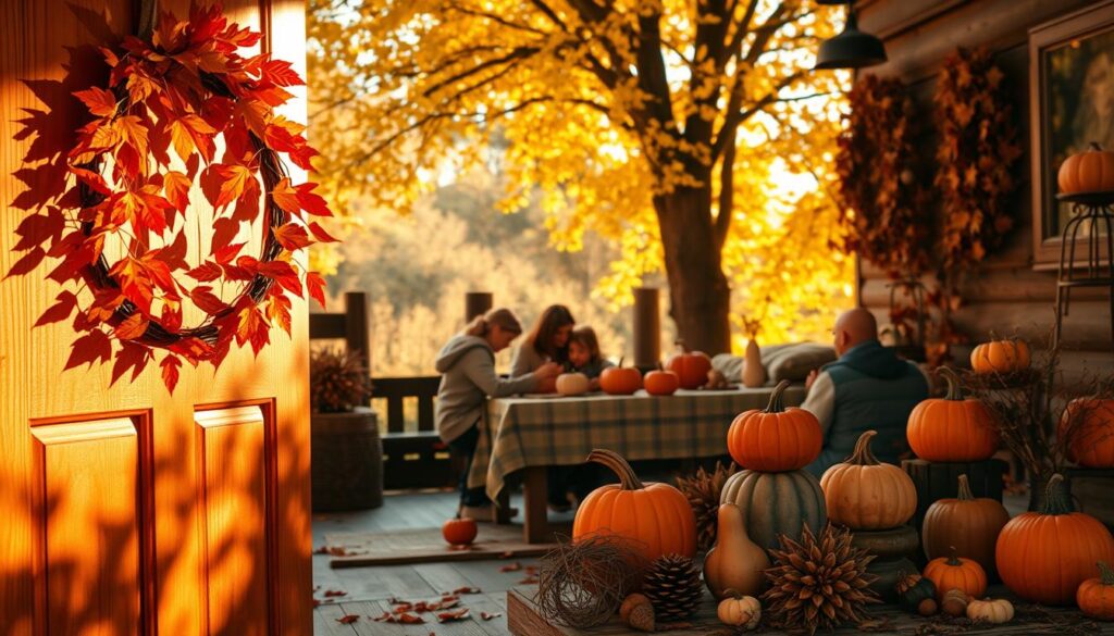 A cozy autumn scene showcases an array of nature-inspired art projects. In the foreground, a wreath crafted from vibrant fallen leaves adorns a rustic wooden door, casting warm shadows. In the middle ground, a family gathers around a table, creatively carving patterns into pumpkins and gourds. Wispy sunlight filters through a canopy of golden trees, illuminating the scene with a soft, ambient glow. Scattered throughout are handmade sculptures fashioned from twigs, acorns, and pinecones, reflecting the bounty of the season. The overall atmosphere evokes a sense of togetherness, creativity, and appreciation for the natural world.
