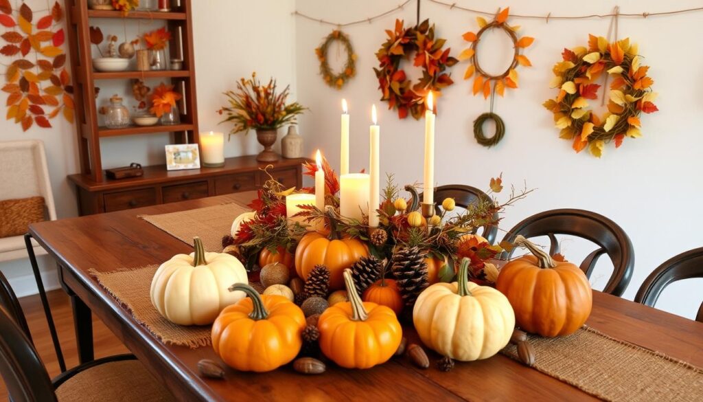 A cozy autumn scene with a rustic wooden table adorned with a burlap runner, dried foliage, and candles casting a warm glow. In the foreground, an assortment of pumpkins, pinecones, and natural elements create a charming centerpiece. Surrounding the table, simple DIY decorations like paper leaf garlands and handmade wreaths hang from the walls, complementing the earthy color palette. The room is illuminated by soft, diffused lighting, creating a inviting, budget-friendly atmosphere perfect for fall entertaining.