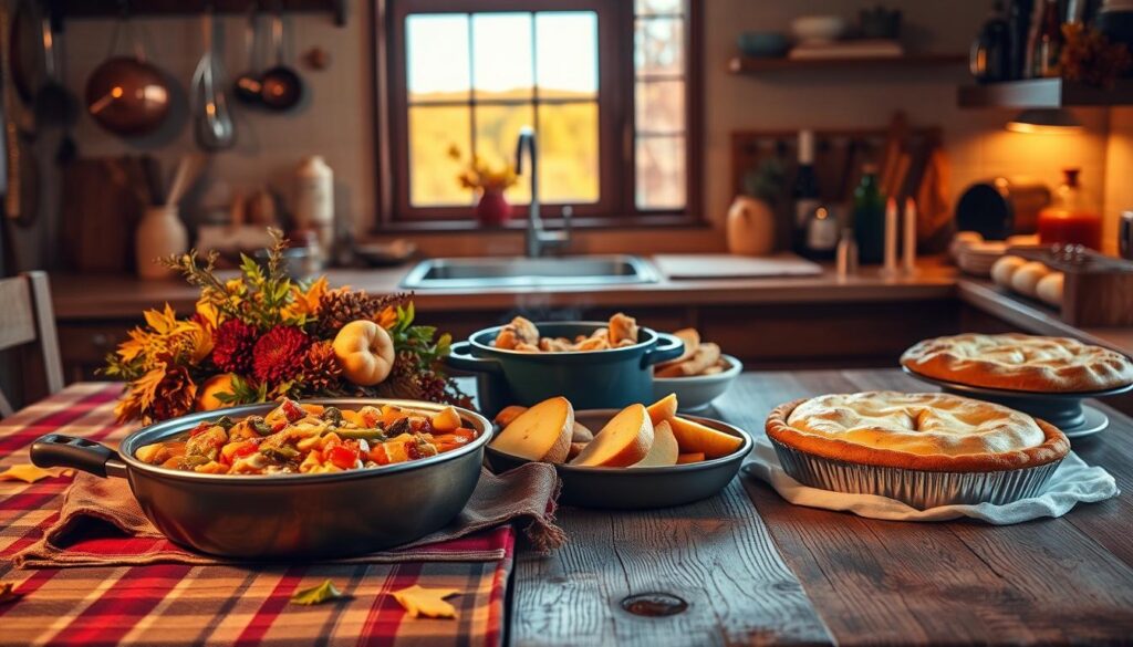 A cozy autumnal kitchen scene with various budget-friendly fall recipes. In the foreground, a rustic wooden table is adorned with a plaid tablecloth and a harvest-themed centerpiece. On the table, an array of hearty dishes - a steaming pot of vegetable stew, a tray of roasted root vegetables, and a freshly baked apple pie. Midground, the kitchen has warm, inviting lighting, with hints of copper pots and utensils hanging on the walls. In the background, a window overlooking a picturesque fall landscape, with golden leaves and a clear sky. The overall mood is comforting, homey, and evocative of the season's bounty, inspiring viewers to explore delicious, affordable fall recipes.