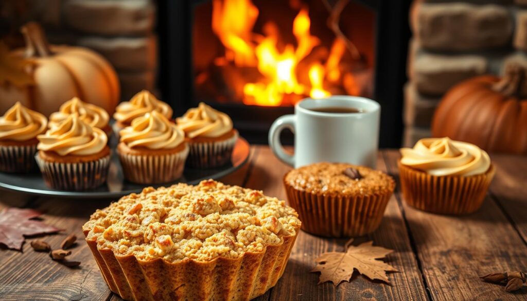 A cozy autumnal scene with an assortment of tempting fall desserts arranged on a rustic wooden table. In the foreground, a freshly baked apple crumble, its golden crust glistening under warm, soft lighting. Beside it, a tray of pumpkin spice cupcakes, their cream cheese frosting swirled to perfection. In the middle ground, a steaming mug of spiced cider, wisps of steam rising from the surface. In the background, a crackling fireplace casts a gentle glow, hinting at the comforting atmosphere of a crisp autumn evening. The overall mood is one of inviting warmth and seasonal indulgence, perfectly capturing the essence of sweet treats for a cozy autumn gathering.