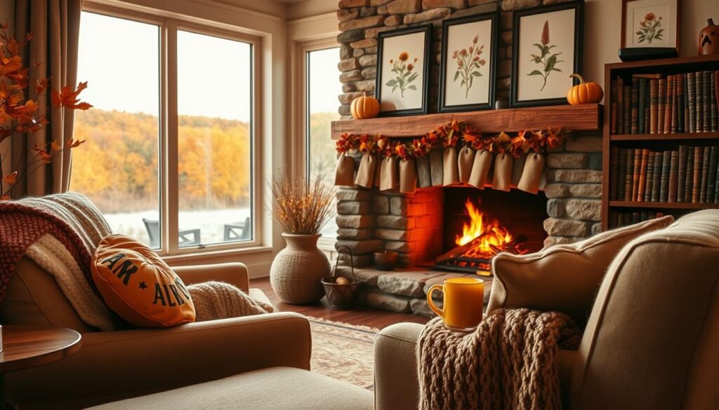 A cozy fall home decor scene with a warm, inviting atmosphere. In the foreground, a plush armchair and ottoman are adorned with knitted throws and pillows in autumnal colors. A wooden side table holds a flickering candle and a mug of hot apple cider. In the middle ground, a fieldstone fireplace crackles with a cozy fire, its mantel decorated with garlands of dried leaves and gourds. Framed botanical prints hang on the walls, complemented by a bookshelf filled with weathered leather-bound volumes. The lighting is soft and golden, creating a sense of hygge. Large windows overlooking a scenic fall landscape let in natural light, blending the indoor and outdoor spaces. An overall atmosphere of comfort, nostalgia, and seasonal delight.