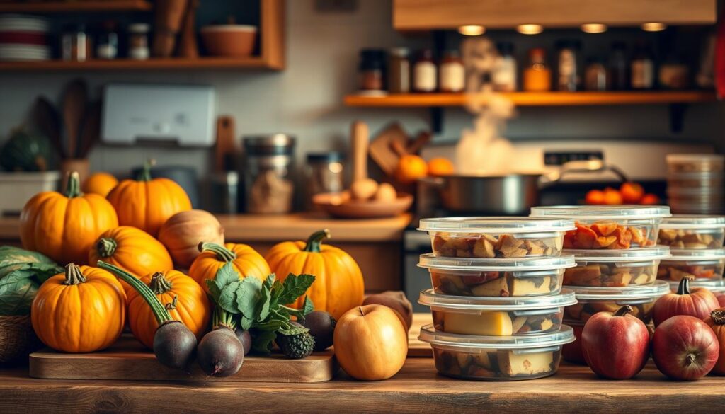 A cozy fall kitchen, filled with the aroma of simmering soups and roasting vegetables. In the foreground, a wooden cutting board overflows with fresh produce - vibrant orange pumpkins, earthy beets, and crisp apples. Stacks of meal prep containers line the countertop, their lids sealed tight, ready to be refrigerated for the week ahead. Warm, diffused lighting casts a soft glow, creating a comforting, homey atmosphere. In the background, a large pot bubbles on the stovetop, its steam wafting through the air. Shelves stocked with jars of herbs and spices hint at the flavors to come. This is a scene of mindful preparation, a mother's act of care and nourishment for her family during the cozy autumn season.