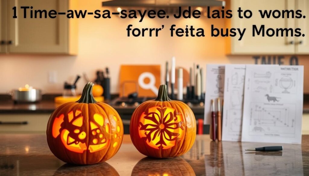 A cozy kitchen countertop with a carved pumpkin in the foreground, illuminated by warm, soft lighting. The pumpkin features intricate designs and patterns, showcasing creative pumpkin carving techniques. In the middle ground, various pumpkin carving tools and templates are arranged neatly, demonstrating the process. The background features a clean, minimalist space, allowing the pumpkin and carving tools to take center stage. The overall atmosphere is inviting, inspiring, and captures the joy of pumpkin carving as a time-saving activity for busy moms.