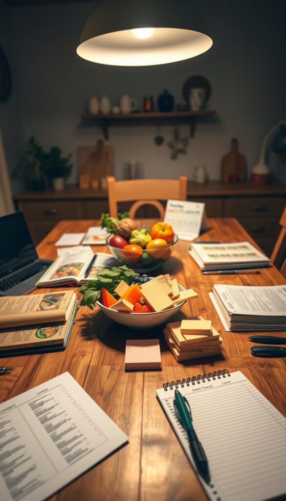 A cozy kitchen table set for a family dinner, with a laptop, notepad, and pen nearby. Overhead lighting casts a warm glow, highlighting a collection of recipe books, ingredient lists, and meal planning calendars. In the middle, a bowl of fresh produce and a stack of sticky notes, symbolizing the thought and preparation that goes into crafting a healthy, family-friendly menu. The atmosphere is one of focused, organized productivity, as the scene conveys the essential elements of effective dinner planning strategies.