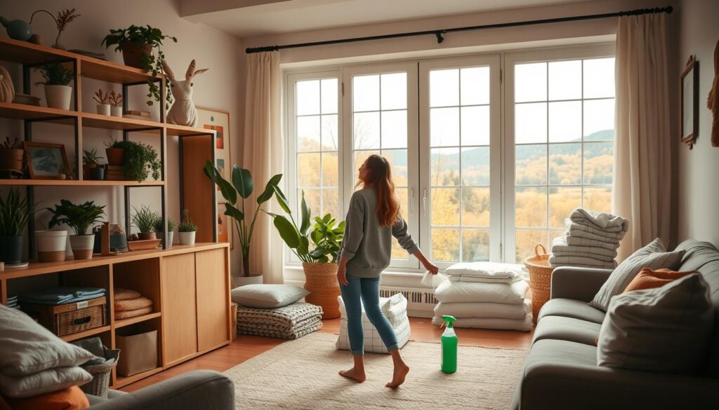 A cozy living room filled with natural light, where a millennial mom undertakes her seasonal cleaning tasks. In the foreground, she dusts shelves adorned with plants and knick-knacks, her movements graceful and efficient. In the middle ground, piles of folded linens and cleaning supplies await organization, while large windows provide a scenic view of an autumnal landscape beyond. The atmosphere is one of calm productivity, with warm tones and a sense of purposeful routine. A wide-angle lens captures the scene, conveying the holistic nature of the mom's approach to her seasonal cleaning.