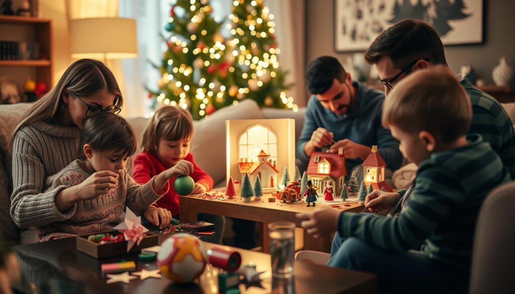 A cozy living room scene with a family gathered around a coffee table, working on various holiday-themed craft projects. Soft, warm lighting illuminates the space, casting a festive glow. In the foreground, a mother and her young children are engrossed in making handmade ornaments, using colorful paper, glitter, and ribbons. In the middle ground, a father and older child are constructing a whimsical holiday diorama, complete with miniature figurines and decorations. The background features a Christmas tree adorned with twinkling lights, creating a sense of holiday cheer. The overall mood is one of togetherness, creativity, and the joy of shared experiences.