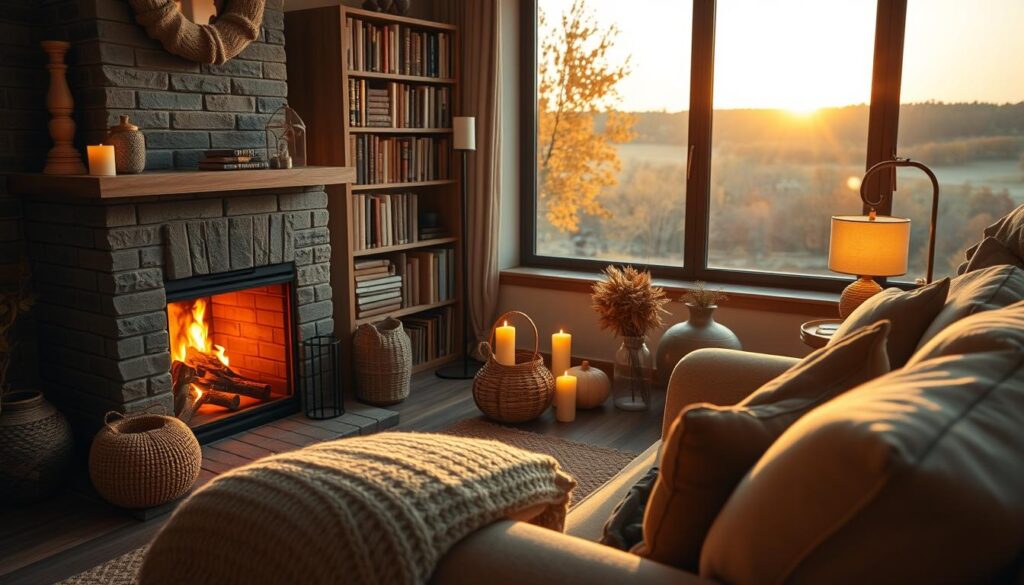 A cozy living room with a warm, soft glow emanating from a fireplace, its flickering flames casting gentle shadows. In the foreground, a plush armchair and a knitted throw blanket invite relaxation. Soft amber lighting from table lamps and candles create a inviting ambiance, complemented by the muted tones of autumn-inspired decor - earth-toned pillows, a woven rug, and a vase of dried leaves. The middle ground features a bookshelf filled with weathered hardcovers, adding to the sense of comfort and tradition. In the background, a large window frames a view of a picturesque fall landscape, the setting sun casting a golden hue across the room. The overall scene evokes a tranquil, cozy atmosphere perfect for enjoying the coziness of the fall season. A cozy living room with a warm, soft glow emanating from a fireplace, its flickering flames casting gentle shadows. In the foreground, a plush armchair and a knitted throw blanket invite relaxation. Soft amber lighting from table lamps and candles create a inviting ambiance, complemented by the muted tones of autumn-inspired decor - earth-toned pillows, a woven rug, and a vase of dried leaves. The middle ground features a bookshelf filled with weathered hardcovers, adding to the sense of comfort and tradition. In the background, a large window frames a view of a picturesque fall landscape, the setting sun casting a golden hue across the room. The overall scene evokes a tranquil, cozy atmosphere perfect for enjoying the coziness of the fall season.