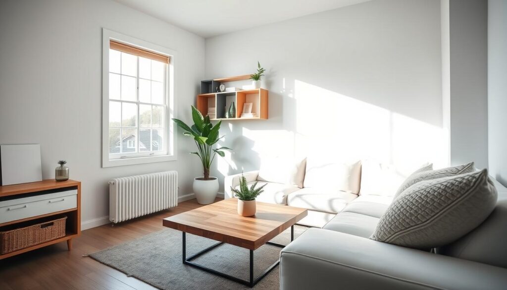 A cozy, minimalist living room with ample storage and functional furniture. A large window allows natural light to pour in, illuminating the clean-lined, white sofa and sleek, wooden coffee table. Geometric wall shelves display carefully curated decor. Subtle pops of green through a potted plant and textured throw pillows bring organic warmth. The scene evokes a sense of calm and efficiency, perfect for a small, well-organized space. Captured with a wide-angle lens at eye-level, the composition emphasizes the room's harmonious, uncluttered design.