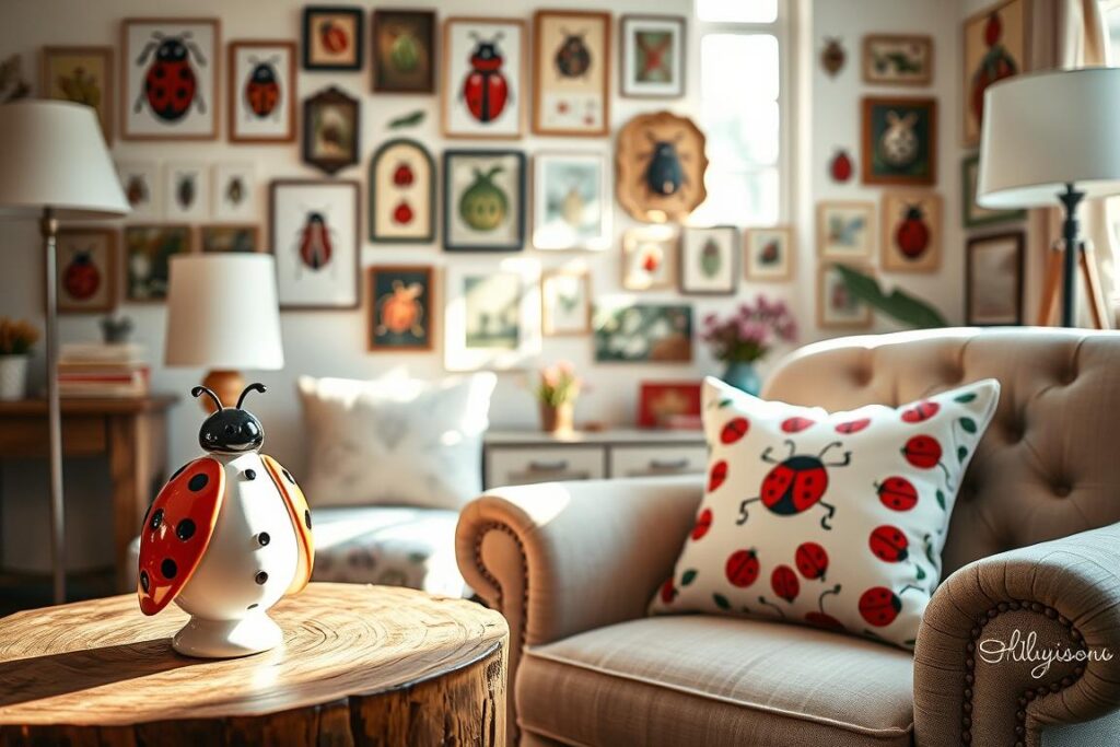 A cozy, sun-dappled room filled with an array of charming ladybug-inspired home decor products. In the foreground, a delicate porcelain ladybug figurine perches atop a rustic wooden side table, casting a warm, natural glow. In the middle ground, a plush ladybug-patterned throw pillow nestles on a tufted armchair, inviting relaxation. The background features a gallery wall displaying various ladybug-themed art prints and wall hangings, creating a harmonious, nature-inspired ambiance. Soft, diffused lighting from a floor lamp and natural sunlight from a nearby window contribute to the calming, summery atmosphere. The overall scene evokes a sense of whimsical, ladybug-inspired charm that seamlessly integrates with the home's decor.