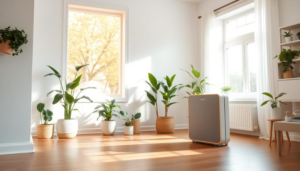 A cozy, well-lit home interior showcasing excellent indoor air quality. A large window floods the room with warm, natural light, illuminating pristine white walls and hardwood floors. Strategically placed houseplants and a sleek air purifier unit in the foreground suggest a healthy, pollutant-free atmosphere. Subtle, diffused lighting casts a soft, inviting glow, while a sense of balance and order pervades the scene. The overall mood is calm, refreshing, and conducive to a productive fall cleaning session for a busy millennial mom.