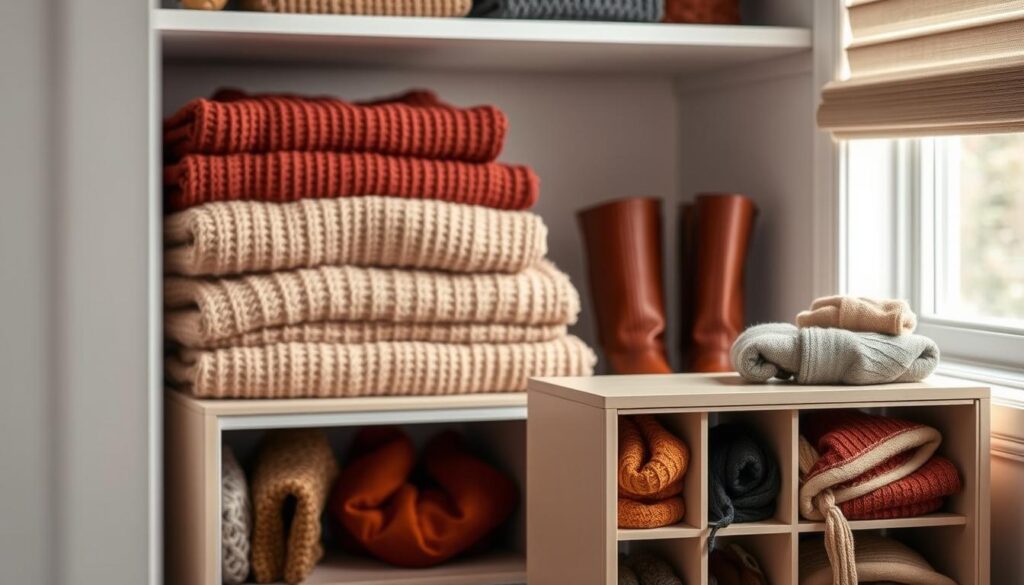 A cozy, well-organized fall closet, with a neatly folded stack of chunky knit sweaters in warm autumnal hues, complemented by a row of tall boots in supple leather. In the foreground, a sleek, modular storage system showcases neatly arranged accessories - scarves, hats, and gloves, each in its designated compartment. Soft, diffused lighting from a nearby window casts a gentle glow, creating a sense of calm and efficiency. The overall atmosphere is one of purposeful organization, reflecting the season's change and the desire for a streamlined, stress-free wardrobe transition.