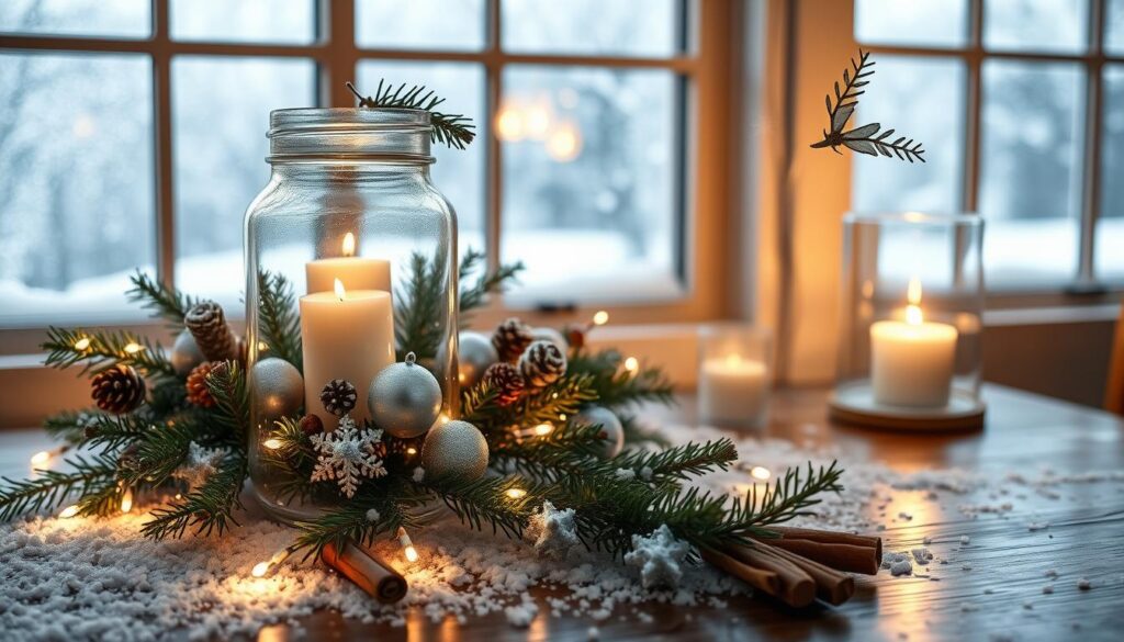 A cozy winter scene with a rustic mason jar centerpiece, surrounded by delicate snowflakes and twinkling lights. In the foreground, the jar is filled with an enchanting mix of pine branches, white candles, and glistening ornaments, casting a warm glow. The middle ground features a dusting of fresh snow covering a wooden tabletop, with sprigs of holly and cinnamon sticks adding a touch of holiday charm. In the background, a frost-covered window reveals a snowy landscape, creating a serene and peaceful atmosphere. Soft, diffused lighting from a nearby lamp illuminates the scene, evoking a sense of hygge and inviting the viewer to imagine curling up with a hot cocoa.