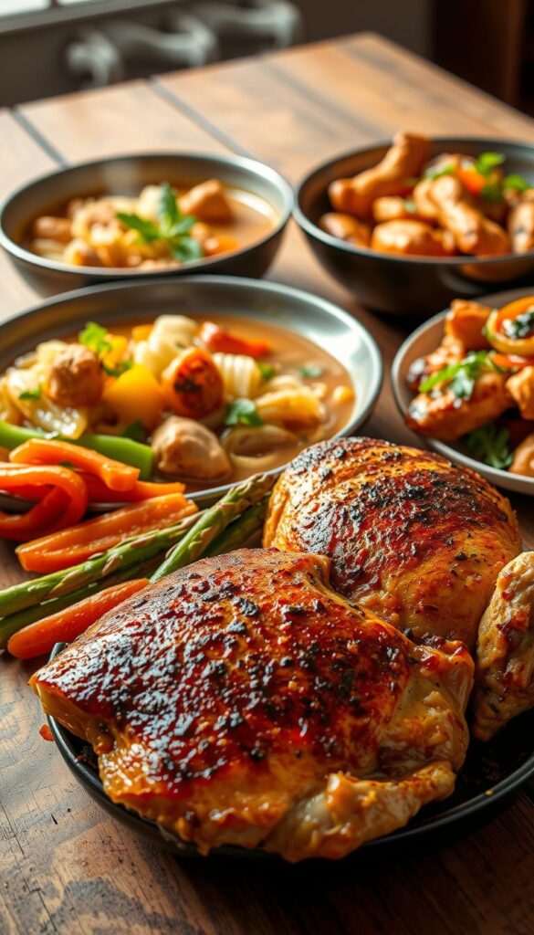 A delectable assortment of quick-to-prepare chicken dishes, artfully arranged on a rustic wooden table. In the foreground, a roasted chicken breast, juicy and glistening, accompanied by a colorful array of sautéed vegetables - vibrant carrots, tender asparagus, and crisp bell peppers. In the middle ground, a hearty chicken noodle soup, steam rising from the bowl, garnished with fresh herbs. In the background, a flavorful chicken stir-fry, the meat seared to perfection, tossed with a medley of Asian-inspired ingredients. The scene is bathed in a warm, natural light, creating a cozy and inviting atmosphere, perfect for a healthy family meal.