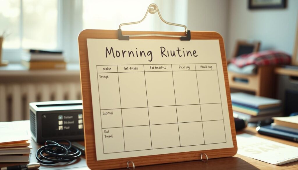 A detailed, organized morning routine chart displayed on a wooden clipboard. The chart features a clean, minimalist layout with well-spaced sections for daily tasks like waking up, getting dressed, eating breakfast, packing a bag, and heading to school. The sections are represented by simple icons and brief text labels. The chart is illuminated by soft, natural lighting streaming in through a large window, casting a warm, inviting glow. The clipboard is positioned on a cozy, cluttered desk, hinting at a productive and organized workspace. The overall mood is one of efficiency, structure, and a thoughtful approach to starting the day.