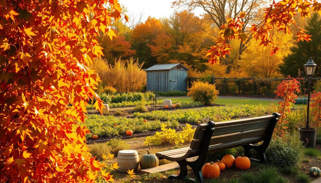 A lush, autumnal garden in soft, golden light. In the foreground, vibrant fall foliage cascades over a rustic garden bench, inviting viewers to pause and admire the changing seasons. The middle ground features a well-tended vegetable patch, its rows of late-summer produce complemented by the warm hues of pumpkins and gourds. Beyond, a picturesque weathered shed stands amidst a backdrop of mature trees, their leaves turning brilliant shades of red, orange, and yellow. The overall atmosphere is one of serene transformation, capturing the beauty and anticipation of the transition into fall.