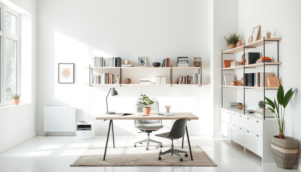 A minimalist home office with a large window, bathed in soft, natural lighting. On the desk, a potted plant, a notebook, and a few carefully curated office supplies. Shelves along the wall display an array of neatly organized books, trinkets, and decorative accents. The floor is clear, save for a stylish area rug. An open, airy ambiance evokes a sense of calm and clarity, perfectly capturing the essence of "creative decluttering" - a space designed to inspire productivity and mindfulness.