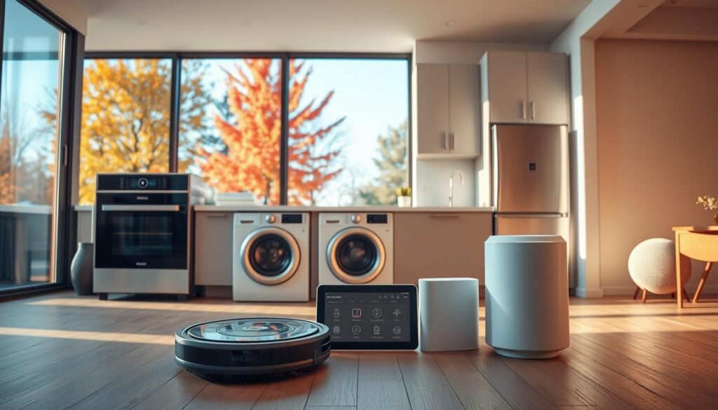 A modern, well-appointed smart home interior, bathed in warm, natural lighting. In the foreground, an array of sleek, futuristic cleaning devices and appliances - a robot vacuum, a self-cleaning oven, a smart washing machine, and a voice-activated air purifier. The middle ground features a minimalist kitchen countertop with a tablet displaying cleaning schedules and smart home controls. In the background, floor-to-ceiling windows offer a scenic autumn landscape, with colorful fall foliage visible outside. The overall atmosphere exudes efficiency, organization, and a sense of effortless domestic harmony.