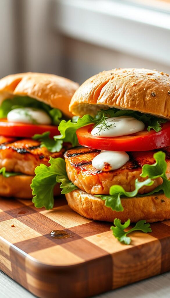 A mouth-watering close-up of two juicy salmon burgers on a wooden cutting board. The burgers are freshly grilled, with a crispy exterior and a moist, flavorful interior. Vibrant green lettuce leaves, sliced tomatoes, and a dollop of creamy dill sauce adorn the buns, creating a visually appealing and appetizing composition. The image is bathed in warm, natural lighting, highlighting the rich orange hues of the salmon and the vibrant colors of the fresh ingredients. The scene conveys a sense of wholesome, nutritious, and satisfying seafood-based meal.