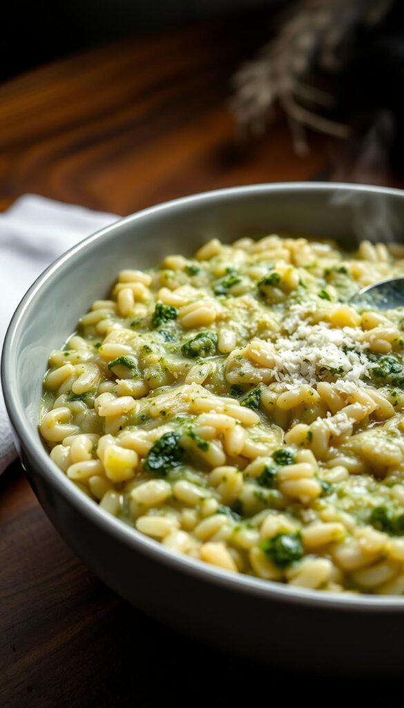 A mouthwatering close-up of a steaming bowl of pesto risotto, its creamy texture punctuated by vibrant green flecks of fragrant basil pesto. The risotto rice grains glisten under the soft, diffused lighting, with a hint of parmesan cheese grated on top. In the background, a wooden table surface with a simple white linen napkin, evoking a cozy, intimate atmosphere. The scene is captured with a shallow depth of field, drawing the viewer's eye directly to the delectable risotto. This innovative twist on a classic Italian dish promises to delight the senses and inspire home cooks to expand their weeknight dinner repertoire.