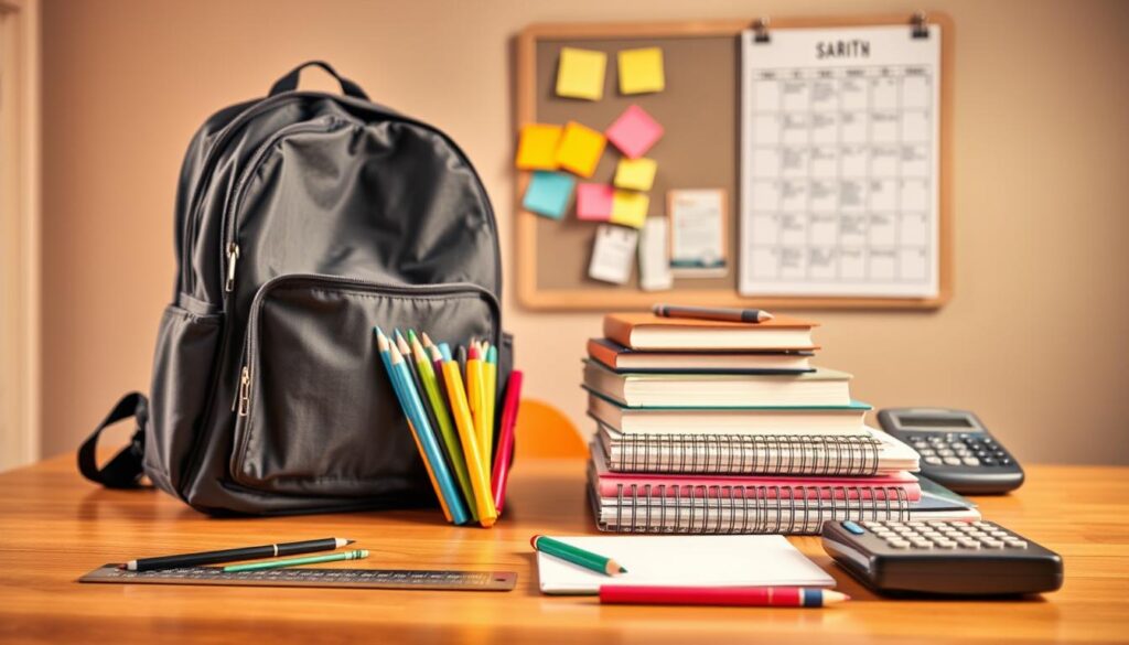 A neatly organized backpack sits on a wooden desk, its contents meticulously arranged. In the foreground, a ruler, a pair of scissors, and a set of colorful pens are placed with precision. The middle ground showcases a stack of textbooks, a spiral notebook, and a calculator, all aligned and ready for the school day. The background features a wall-mounted bulletin board with color-coded sticky notes and a calendar, hinting at a well-planned academic routine. Soft, warm lighting illuminates the scene, creating a sense of focus and productivity. The overall atmosphere conveys a feeling of preparedness and efficiency, perfectly capturing the essence of "Organizing Backpacks and Homework Materials."