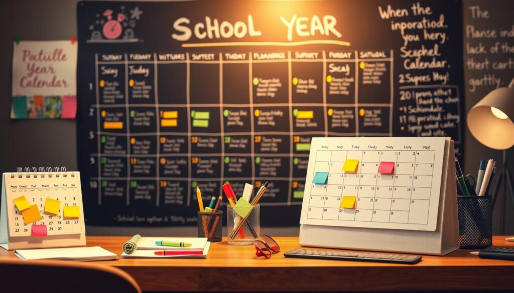 A neatly organized desk with a modern desktop calendar, colorful sticky notes, a pen holder, and a stylish planner. The scene is bathed in warm, diffused lighting, creating a cozy, focused atmosphere. In the background, a chalkboard-style wall displays a detailed school year calendar, meticulously planned with color-coded schedules, important dates, and inspirational quotes. The overall composition conveys a sense of productivity, intention, and a well-prepared approach to the upcoming school year.