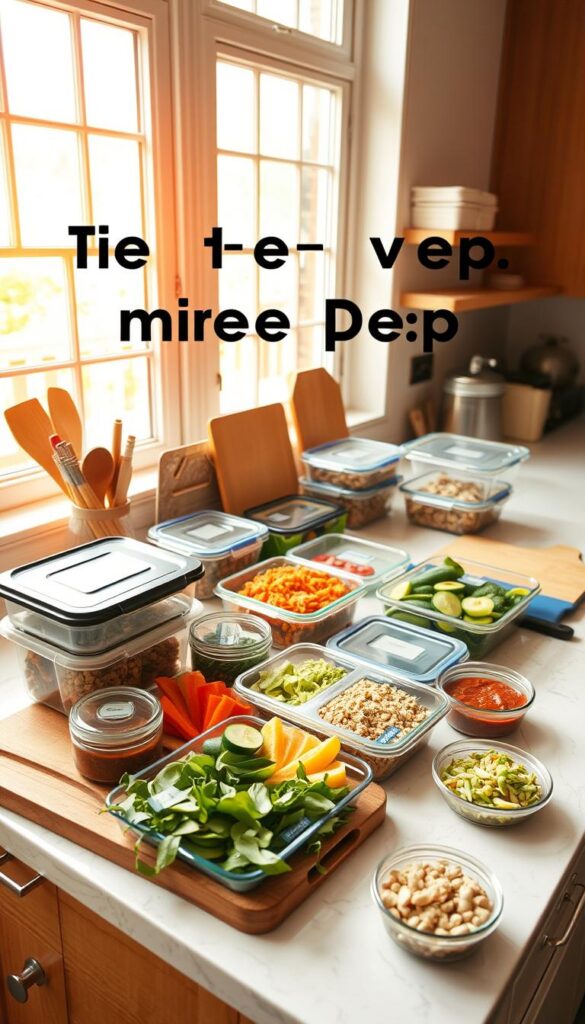 A neatly organized kitchen counter, bathed in warm, natural lighting from large windows. On the counter, a variety of meal prep containers, chopping boards, and kitchen utensils strategically placed. Sliced vegetables, precooked grains, and labeled sauces showcase efficient time-saving techniques. The scene exudes a sense of calm productivity, emphasizing the benefits of mindful meal prep for reducing stress and saving time in the busy weekday routine. A neatly organized kitchen counter, bathed in warm, natural lighting from large windows. On the counter, a variety of meal prep containers, chopping boards, and kitchen utensils strategically placed. Sliced vegetables, precooked grains, and labeled sauces showcase efficient time-saving techniques. The scene exudes a sense of calm productivity, emphasizing the benefits of mindful meal prep for reducing stress and saving time in the busy weekday routine.